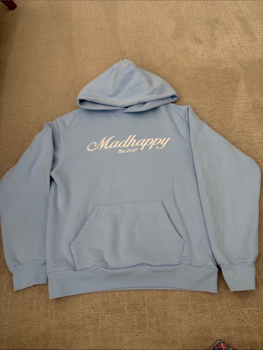 Madhappy Light Blue Crewneck Hoodie with White Script Logo